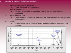 Early period of hunter/gatherers. Total population < a few million. Rise of agriculture. Allowed for increase in population density and increase in human population. Industrial revolution. Improvements in medicine, sanitation and agriculture led to rapid increase in population. Today. Rate of growth slow in industrialized nations but high in less developed nations. Earth’s population has doubled several times since Industrial. Revolution. begins. Agriculture. begins. Bubonic. plague. Plowing. and. irrigation.